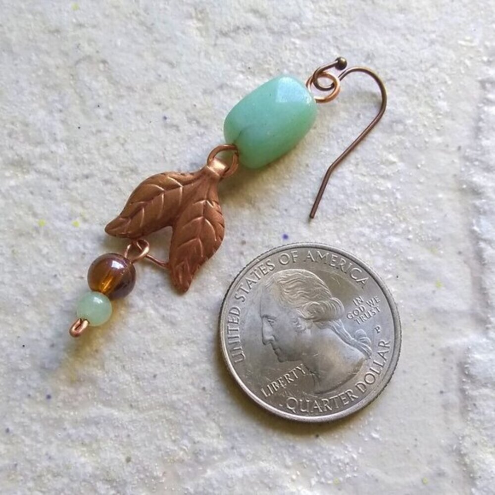 Handmade Copper Leaf + Green Aventurine Earrings! Fall Prosperity + Luck Jewelry - Picture 9 of 11